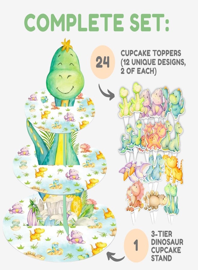 BOGAZNET 25PCS Dino Party Decorations Kit - Dinosaur Cupcake Stand 3-Tier and 24PCS Dinosaur Cupcake Toppers for Dino Birthday Decorations Baby Shower Fun Party Supplies for Kids Celebrations - Image 2